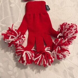 Vibrant Red and White Mittens with Pom-Poms